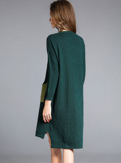 Hit Color Pockets Slit Long Sleeve Knitted Coat