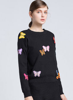 Butterfly Embroidered Long Sleeve Knitted Sweater