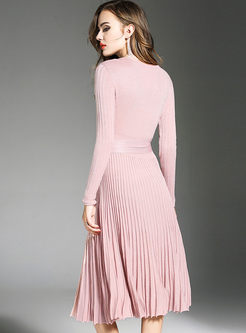 Pink V-neck Slim Belt Pleated Knitting Dress