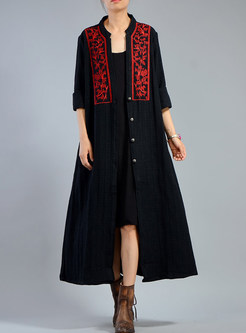Black Vintage Embroidery Stand Collar Single-breasted Coat