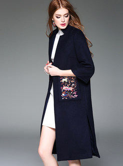 Navy Blue Elegant With Pockets Button-detail Coat
