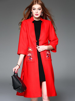 Red Elegant With Pockets Button-detail Coat