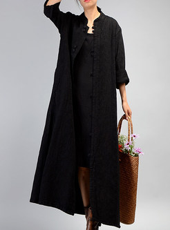 Black Vintage Single-breasted Stand Collar Long Coat 