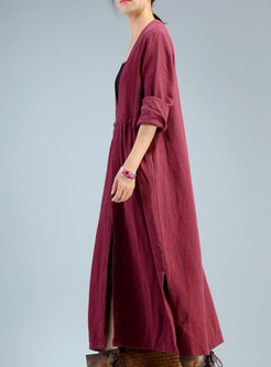 Wine Red Casual V-neck Loose Coat