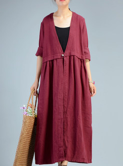 Wine Red Casual V-neck Loose Coat