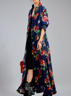 Navy Blue Ethnic Floral Stand Collar Coat