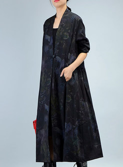 Black Casual Print Long Sleeve Coat