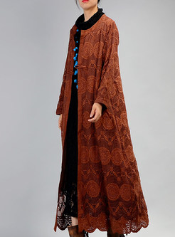 Brown Vintage Embroidery O-neck Loose Coat