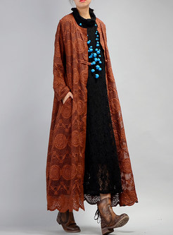 Brown Vintage Embroidery O-neck Loose Coat