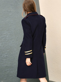 Navy Blue Chic Double-breasted Embellished Turn Down Collar Coat
