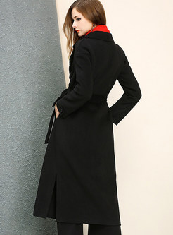 Black Chic Wool Belted Turn Down Collar Coat