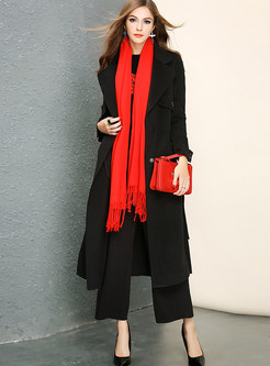 Black Chic Wool Belted Turn Down Collar Coat