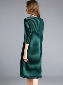 Causal Striped Three Quarters Sleeve Knitted Dress