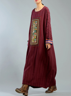 Ethnic Embroidery Bat Sleeve Maxi Dress