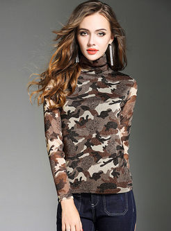 Lace Slim Turtle Neck Camouflage Long Sleeve Top