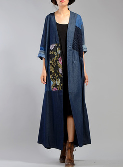 Ethnic Embroidery V-neck Loose Long Coat