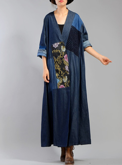Ethnic Embroidery V-neck Loose Long Coat