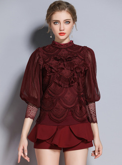 Chic Lace Mesh Lantern Sleeve Pullover Blouse