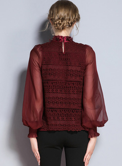 Red Lantern Sleeve Stand Collar Mesh Patched Sweater