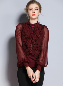 Red Lantern Sleeve Stand Collar Mesh Patched Sweater