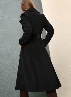 Elegant Black Tie Waist Double-breasted Coat