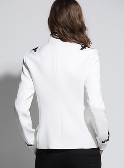 White Embroidery Double-breasted Stand Collar Blazer