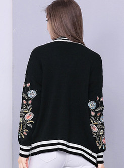 Black V-neck Embroidery Cardigan Sweater