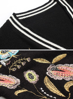 Black V-neck Embroidery Cardigan Sweater