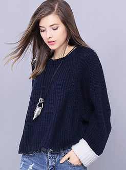 Navy Blue Stylish Loose Split O-neck Sweater