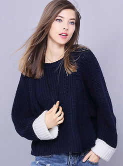 Navy Blue Stylish Loose Split O-neck Sweater