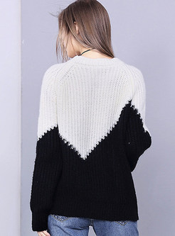 White Casual Contrast Color O-neck Sweater