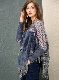 Casual Fringe Patchwork Asymmetric Sweater