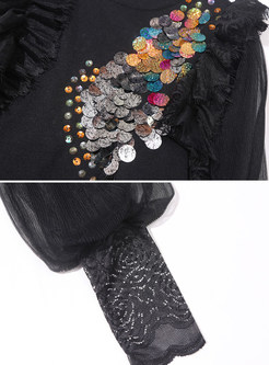 Black Fashion Paillette-embellished Patchwork O-neck Sweater