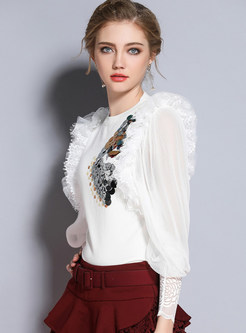 White Fashion Paillette-embellished Patchwork O-neck Sweater