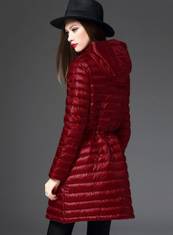 Wine Red Chic Gathered Waist Hooded Down Coat