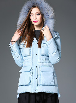Light Blue Stylish Hooded With Pockets Down Coat