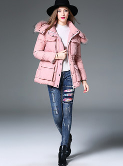 Pink Stylish Hooded With Pockets Down Coat