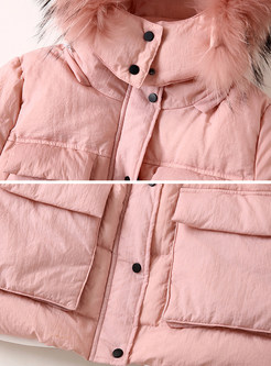 Pink Stylish Hooded With Pockets Down Coat