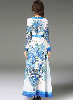 Blue Floral Print Long Sleeve A-line Maxi Dress