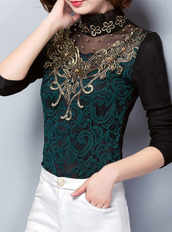 Vintage Lace Embroidery Turtle Neck Top