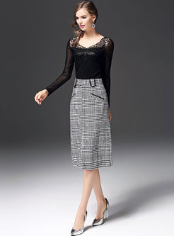 Stylish Plaid Slit A-line Skirt