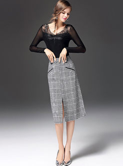 Stylish Plaid Slit A-line Skirt