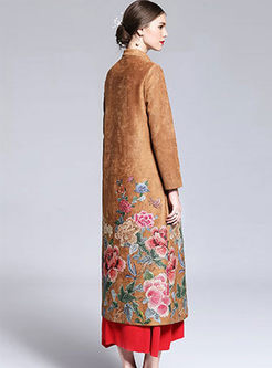 Vintage Floral Print Suede Long Sleeve Trench Coat