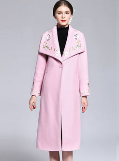 Embroidery Turn Down Collar Woolen Trench Coat