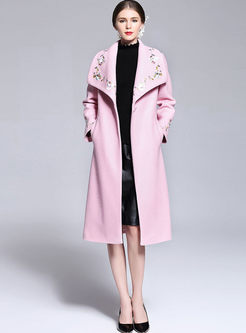 Embroidery Turn Down Collar Woolen Trench Coat