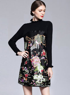 Vintage Embroidery Stand Collar Knitted Splicing Shift Dress