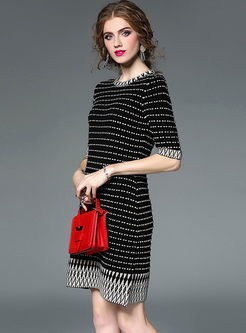 Brief Hit Color Half Sleeve A-line Knitted Dress