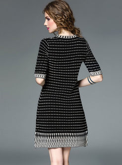 Brief Hit Color Half Sleeve A-line Knitted Dress