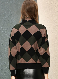Dark Green Casual Rhombus Pattern Contrast Color Sweater