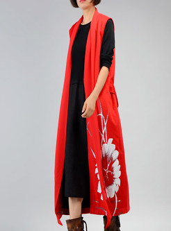 Red Casual Floral Belted Long Vest